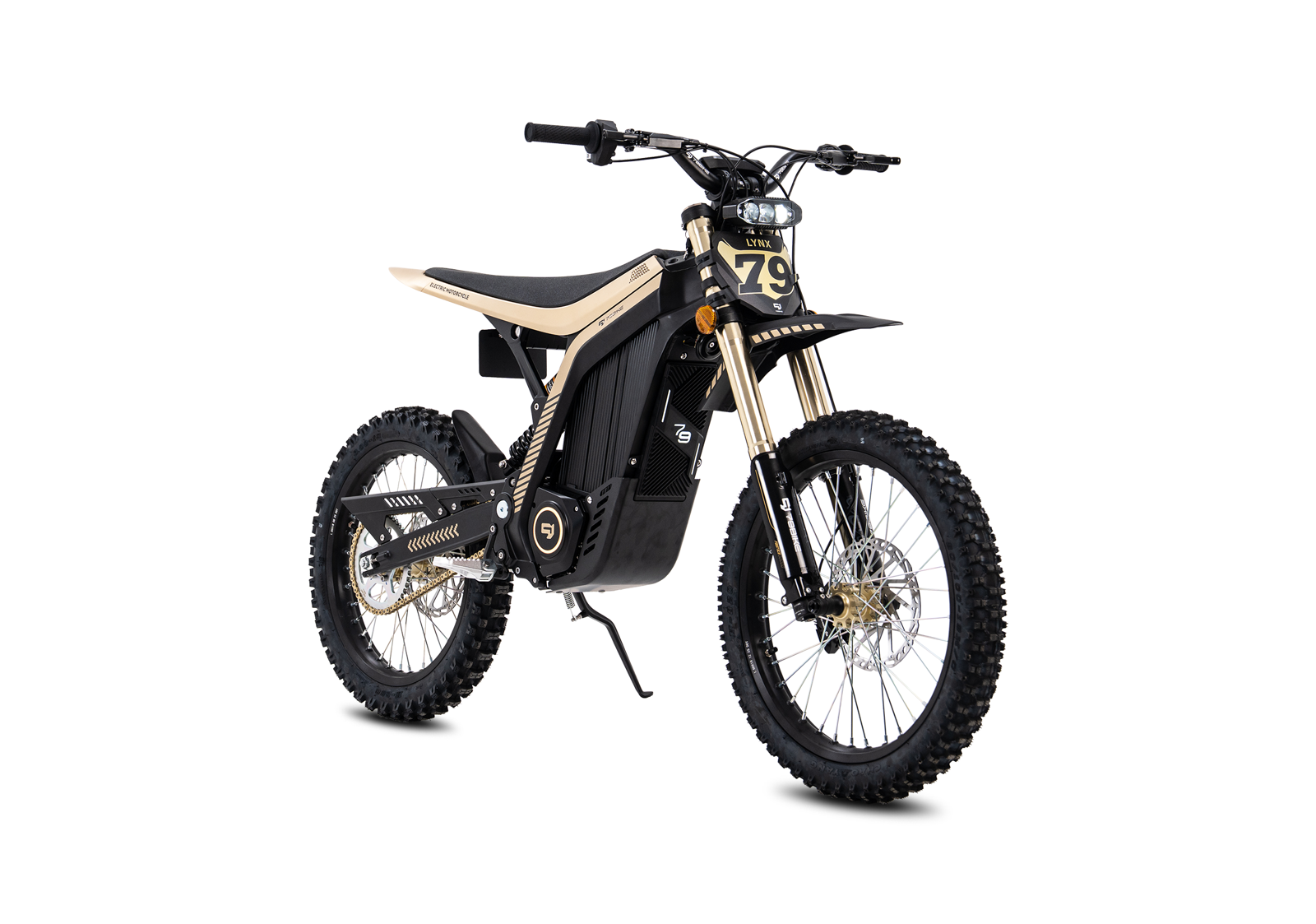 79BIKE Lynx preta e dourada vista em três quartos dianteira